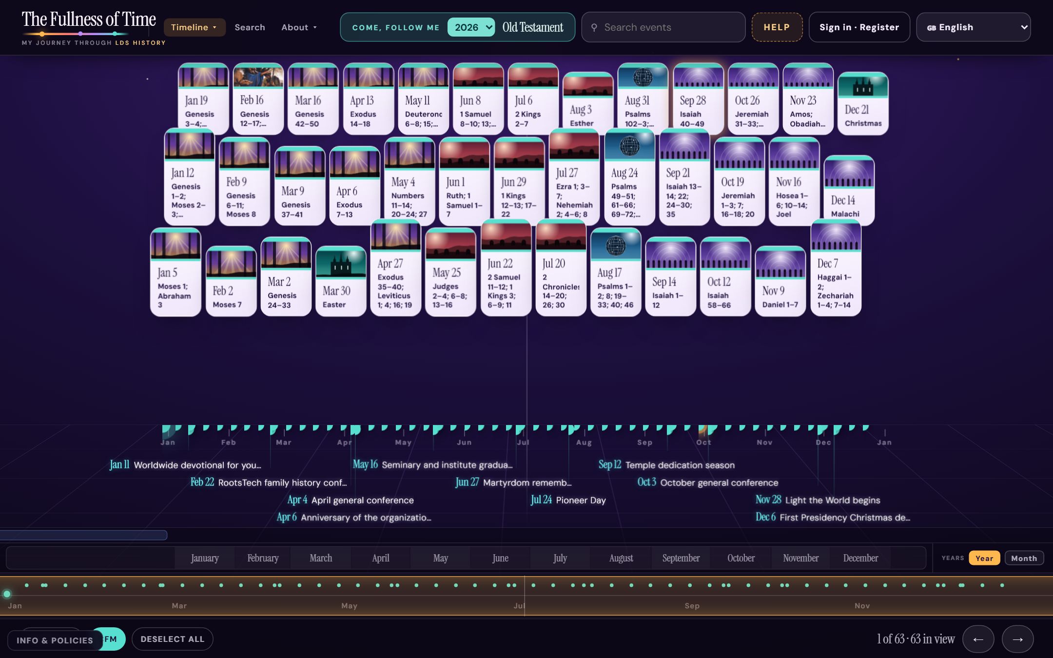 Study mode showing all fifty-two weeks of the 2026 Come, Follow Me Old Testament course laid out across the year as illustrated cards.