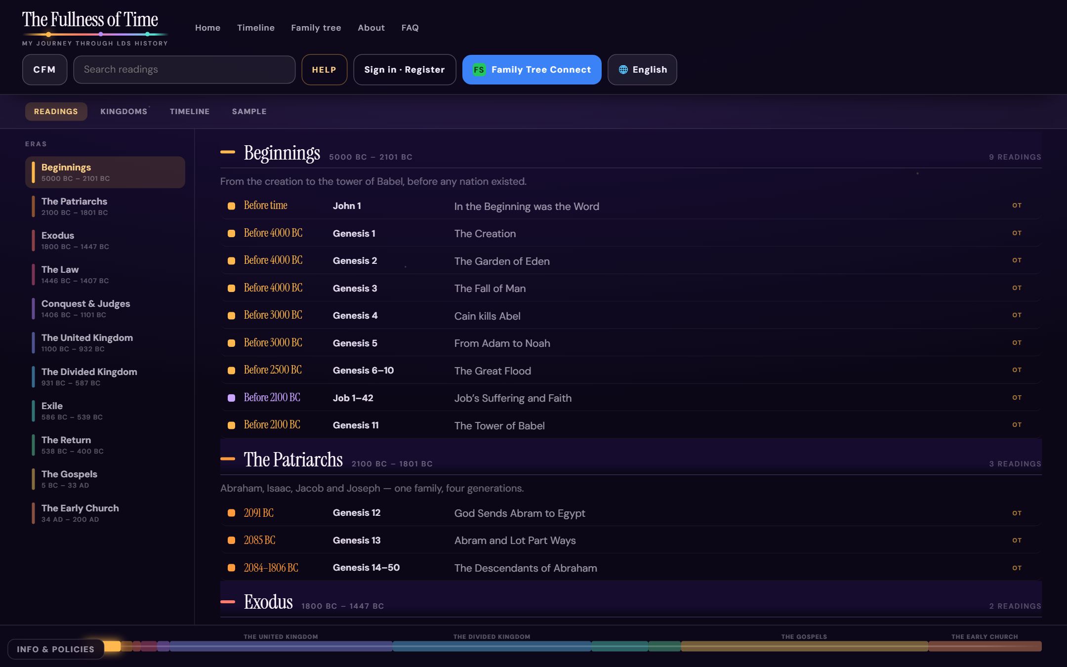 The scripture study page on the Readings tab, showing eras down the left and a dated list of readings from Genesis and Job on the right.