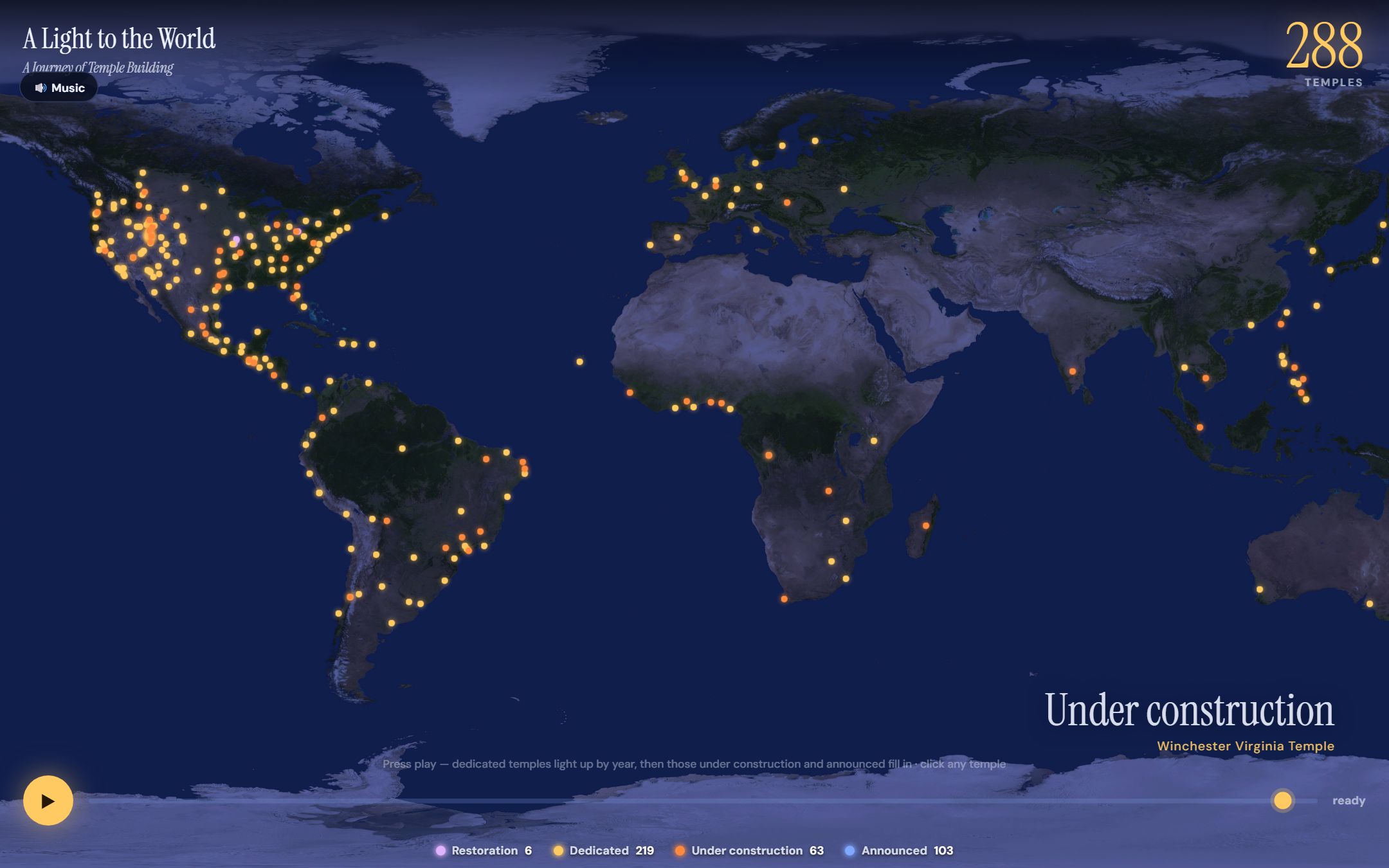 A world map at night with 288 temple locations lit in gold and orange across North America, South America, Europe, Africa, Asia and the Pacific.