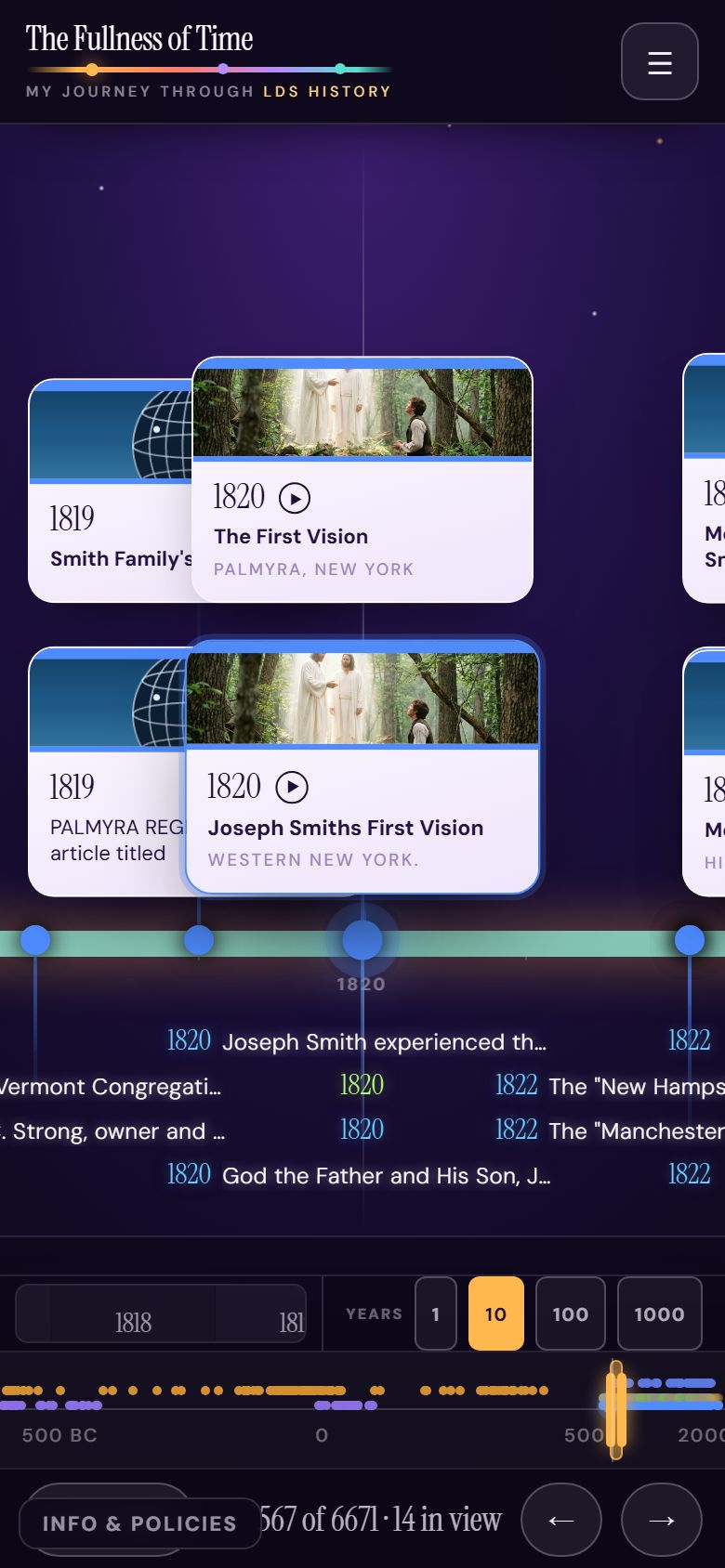 The timeline on a phone screen, showing two event cards from 1819 and 1820 with the leadership ribbon below them.